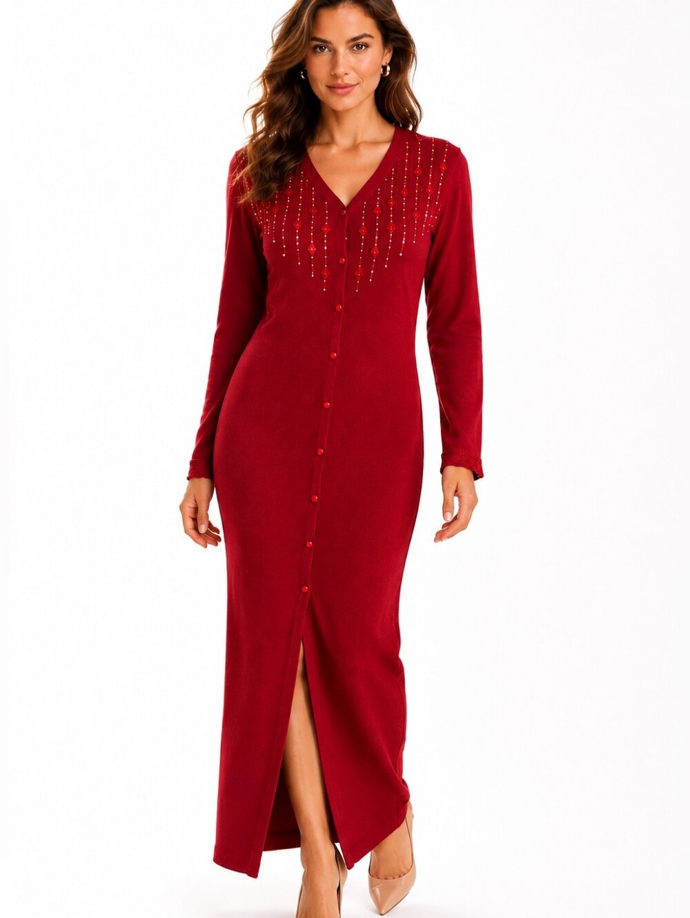 Vintage Carol Little Red Beaded Knit Duster Maxi Cardigan Dress M Y2K Wool